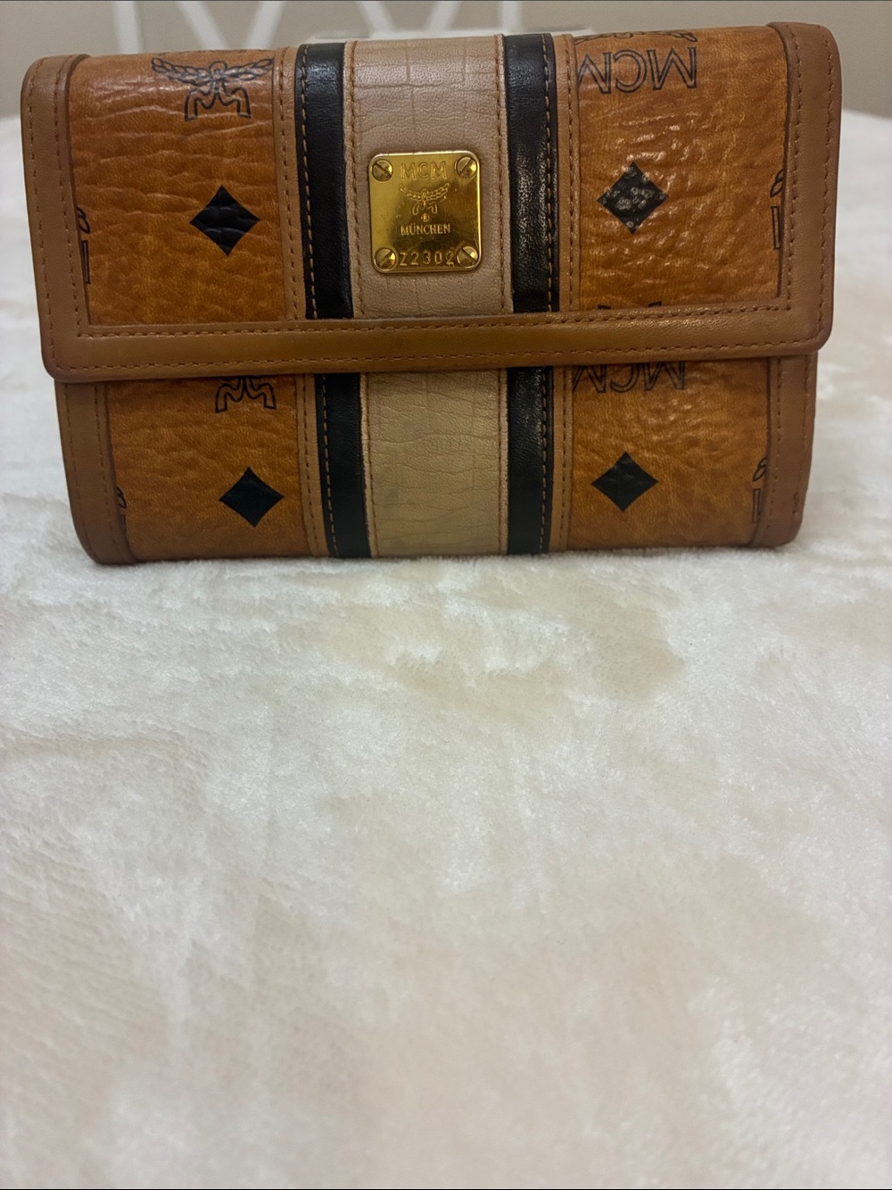 MCM Tan Cognac & Black Leather Trifold Wallet with Cream Stripe